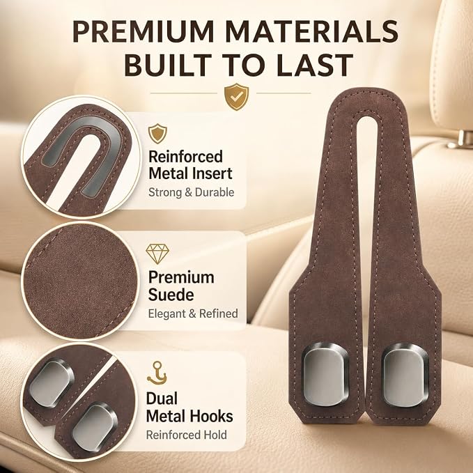 4 Pack Car Headrest Hooks, Dual Metal Hooks, Stylish Brown | Premium leather with dual metal hooks and anti-drop design. Holds purses, bags, coats, and groceries securely. - Image 6