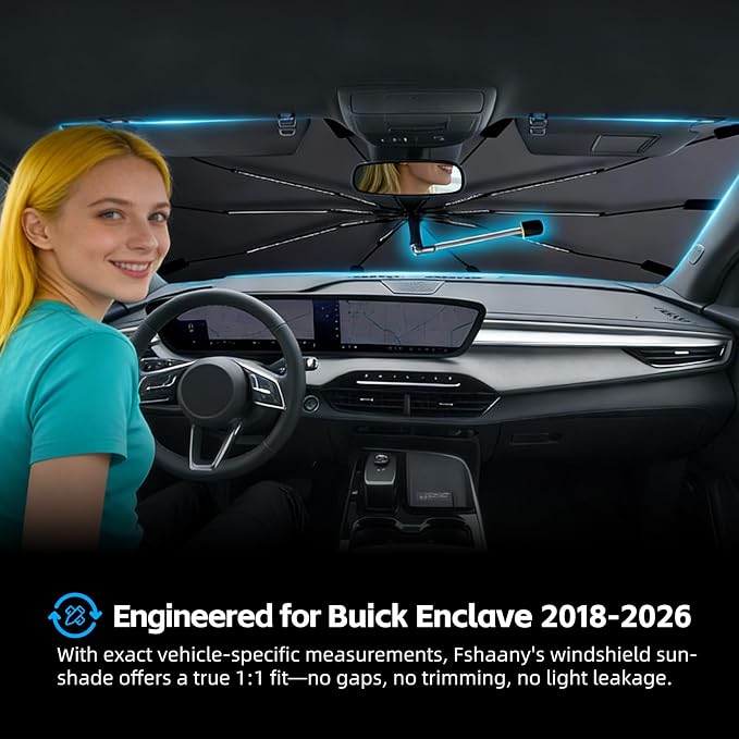 Windshield Sun Shade Umbrella for Buick Enclave 2018-2026 Front Window | Heat-Reflective Window Shade, Umbrella Sunshade Cover Blocks Heat, Protects Interior, Vehicle-Specific Precision Fit - Image 2