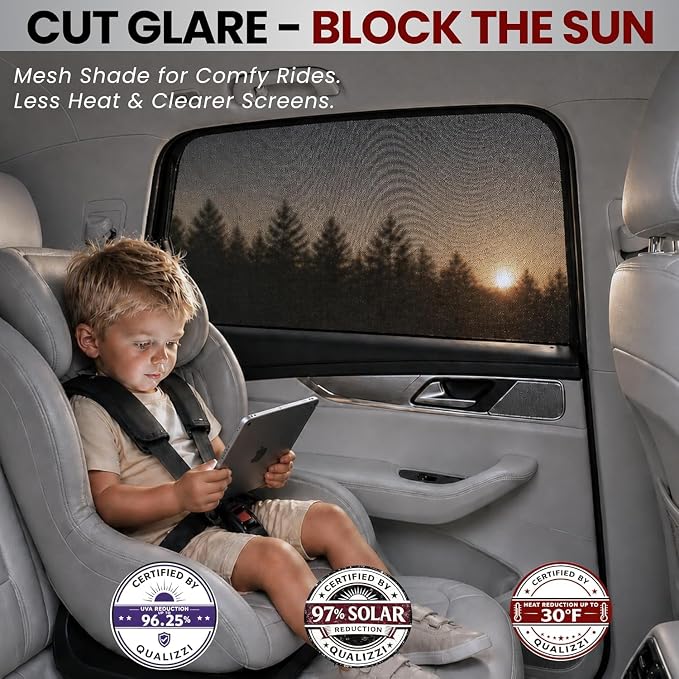 XL/Car Side Window Shades for SUV. 8 Sizes/2 Pack. Stretch-to-Fit Mesh for Rear Windows Up to H:20" x W:46". Sun, Heat & Bugs Protection, Blocks 96% UVA. Camping Windows Screens | Qualizzi® - Image 3