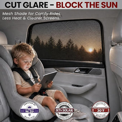 ML/Car Window Sun Shades, 2-Pack/8 Sizes, for SUVs. Stretch-to-Fit H:18" x W:42" Rear Windows. Heat-Blocking Mesh Screens to Protect Back Seat from Sun, UV & Bugs, Cooler Travel for Kids. |Qualizzi® - Image 3