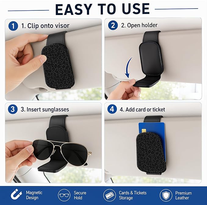 Leather Magnetic Sunglass Holder for Car Sun Visor, Cute Eyeglass Ticket Card Hanger Clip, Universal Auto Interior Accessories for SUV Pickup Truck, Black Leopard - Image 5