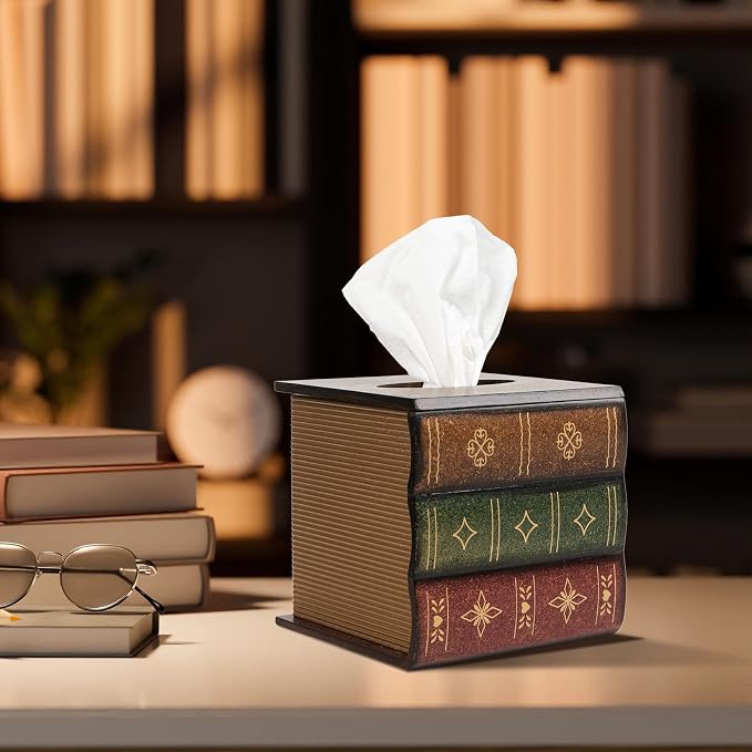 Crafted Classical Retro Wooden Antique Book Tissue Box Cover Square Tissue Holder Dispenser Paper Cover Case Napkin Holder Home Decor for Bathroom Living Room Office car Kitchen (Brown) - Image 2