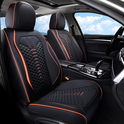 Coverado Automotive Seat Covers, Car Seat Covers Front Seats, Nappa Leather Black Orange Car Seat Cover, Waterproof Seat Cushion, 2 Pack Front Seat Covers Driver Seat Protector Fit for Most Cars SUV by COVERADOAUTO