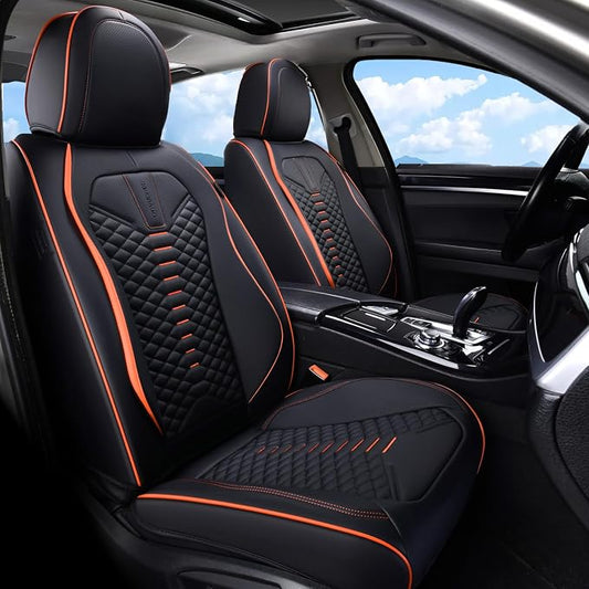 Coverado Automotive Seat Covers, Car Seat Covers Front Seats, Nappa Leather Black Orange Car Seat Cover, Waterproof Seat Cushion, 2 Pack Front Seat Covers Driver Seat Protector Fit for Most Cars SUV by COVERADOAUTO
