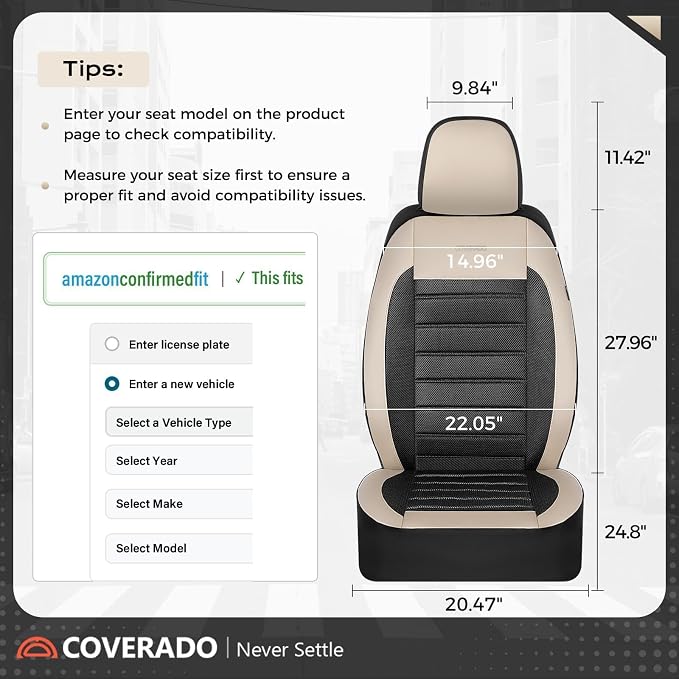 Coverado Car Seat Covers Front Seats, Luxury Leather Car Seat Covers, Automotive Mesh Seat Covers 2 Pack, Airbag-Compatible, Black Beige Seat Covers for SUV Sedan Truck - Image 6