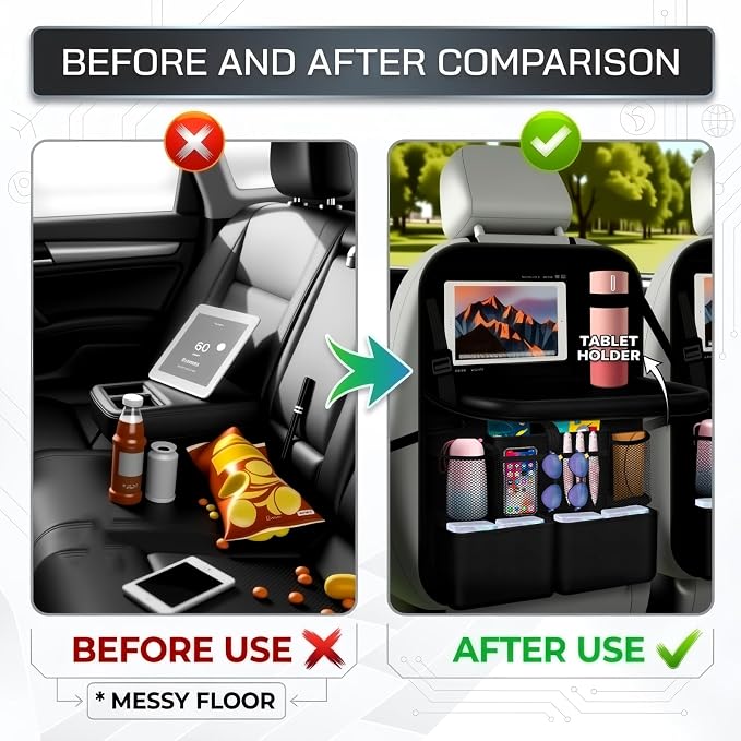 2026 New Backseat Car Organizer,Multifunctional Back Seat Car Organizer with Foldable Table Trays,Hanging Cars Seats Backs Organizers as Kick Mats Back Seat Protector - Image 3