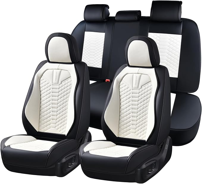 Coverado Leather Seat Covers, Car Seat Covers Full Set, Waterproof Nappa Leather Car Seat Cover, Car Seat Protectors 5 Seats, Black & White Automotive Seat Covers Fit for Most Cars Trucks by COVERADOAUTO