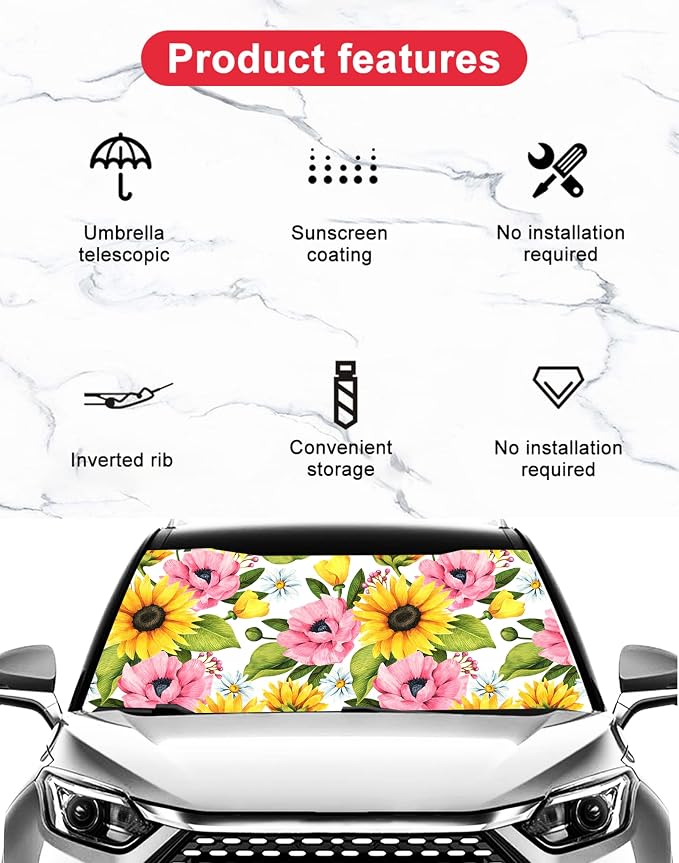 Sunflowers Poppy Daisy Car Windshield Umbrella,Large Size Windshield Sun Shade Umbrella for Front Windows,UV Rays and Heat Sun Visor Protector Foldable Reflector Sun Shield Fits Most Vans SUVs - Image 4