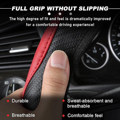 DXNQ Car Steering Wheel Cover, 15 Inch Carbon Fiber Leather Stitching Color Steering Wheel Protector, Anti-Slip Elastic Breathable Steering Wheel Cover Stylish Decor for Most Cars (Black&Red) - Image 3