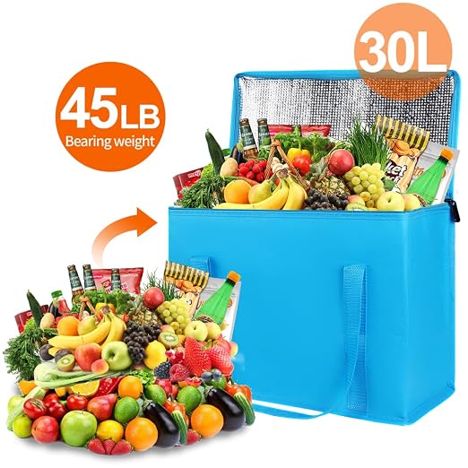 Bodaon 1-Pack Insulated Reusable Grocery Shopping Bags, X-Large Picnic Cooler Bag with Top Cold, Blue - Image 4