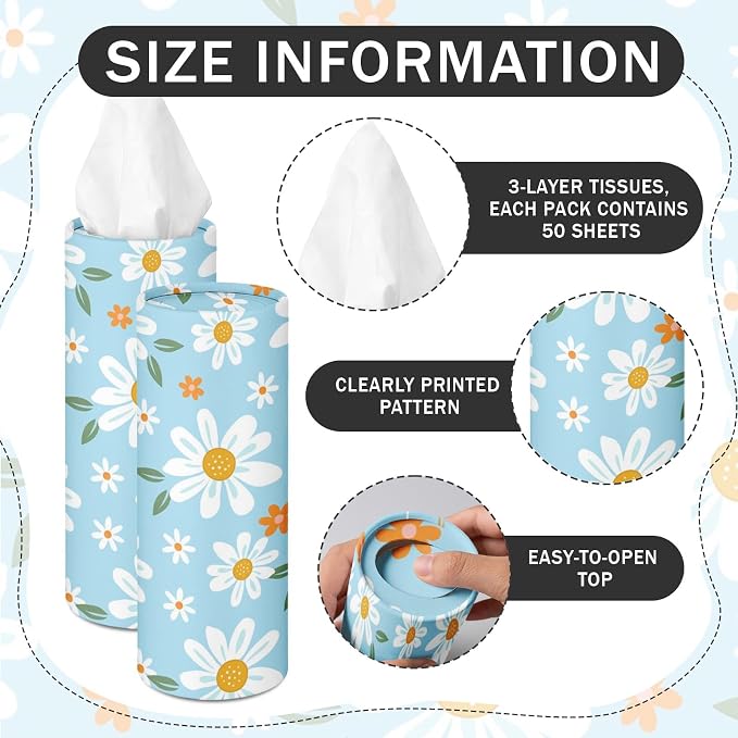 Arttown Car Tissue Holder for Cup Holder Facial Tissues 12 Pack Daisy | Flower Bulk 3-Ply,Refillable Marble Print Cylinder Tissue Boxes,Fit Car Home Office School (600 Sheets Total,50 Sheets Each) - Image 4