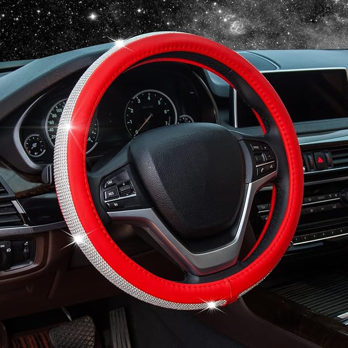 New Diamond Leather Steering Wheel Cover with Bling Crystal Rhinestones | Universal Fit 15 Inch Car Wheel Protector for Women Girls Red by ChuLian
