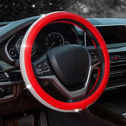 New Diamond Leather Steering Wheel Cover with Bling Crystal Rhinestones | Universal Fit 15 Inch Car Wheel Protector for Women Girls Red by ChuLian