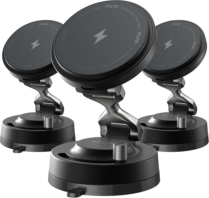 Statik HyperMount Pro Magnetic Charging Phone Holder for iPhone and Android | 15W Wireless Charging, Nano-Suction VacuLock Grip, 360° Rotation, Compatible with MagSafe, Metal Rings for Android by Statik