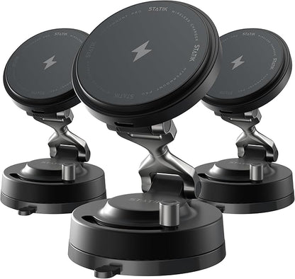Statik HyperMount Pro Magnetic Charging Phone Holder for iPhone and Android | 15W Wireless Charging, Nano-Suction VacuLock Grip, 360° Rotation, Compatible with MagSafe, Metal Rings for Android by Statik