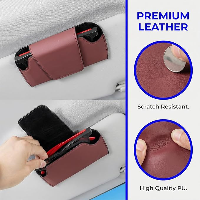Sunglass Holder for Car Visor, PU Leather Magnetic Vehicle Glasses Organizer Box with Clips, Automotive Interior Eyeglasses Storage Case Accessories, Universal for Most Vehicles (Wine Red) - Image 3