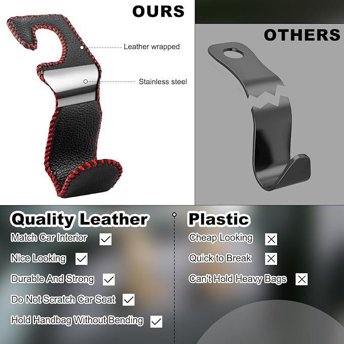 EldHus Car Seat Hooks for Purses and Bags, 4 Pack Car Purse Holder for Grocery Bag Handbag Clothes, Metal Headrest Hooks Covered by Leather, Black Red - Image 6