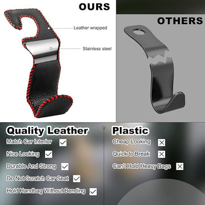 EldHus Car Seat Hooks for Purses and Bags, 4 Pack Car Purse Holder for Grocery Bag Handbag Clothes, Metal Headrest Hooks Covered by Leather, Black Red - Image 6