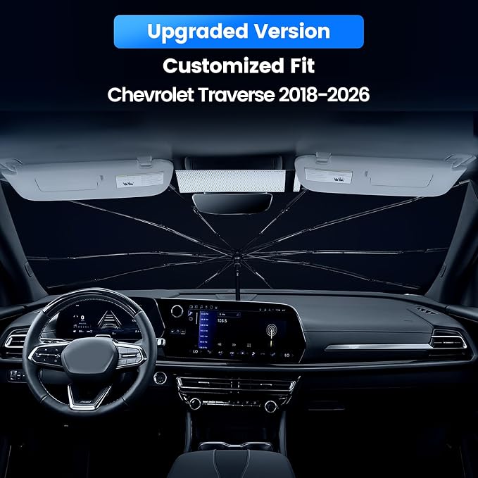 Windshield Sun Shade Umbrella for Chevrolet Traverse 2018-2026, 360° Bendable Handle Foldable Sunshade for Dashboard & Screen Protection, HUPF 50+ Heat Insulation, Chevy Traverse Accessories - Image 2