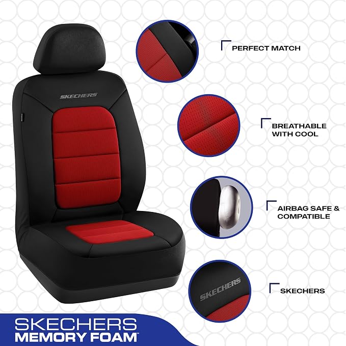 Skechers Memory Foam Seat Covers,Thick Cool Touch Fabric Seat Covers,Front Seat Covers Airbag Compatible,Automotive Comfort Protection for Most Cars,Vans,Trucks,SUV,Red - Image 3