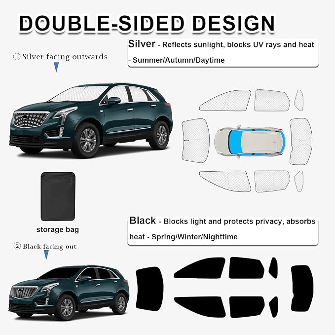KMF 8pcs Thicken Sun Shades for Cadillac XT5 Accessories 2017-2025, Full Car Window Covers Sunshade for Windshield Side Rear, UV Block and Blackout Privacy for Camping Outdoor - Image 4