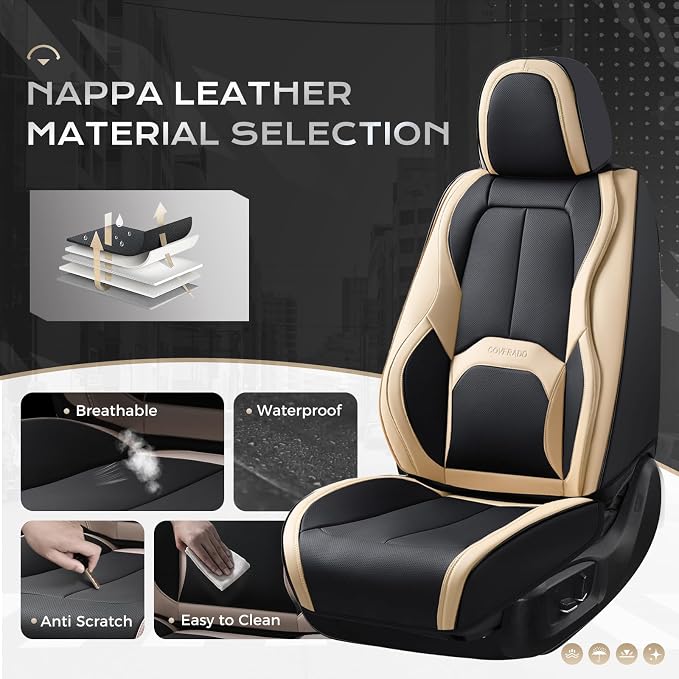 Coverado Car Seat Covers, Leather Seat Covers Full Set, Waterproof Car Seat Protector with Lumbar Support, Automotive Seat Covers Seat Cushions Universal Fit for Most Cars SUV Trucks, (Black&Beige) - Image 5