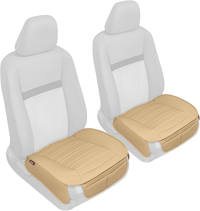 Motor Trend Seat Covers for Cars Trucks SUV, Faux Leather Beige Padded Seat Covers with Storage Pockets, Premium Interior Car Seat Cover, 2 x Front Seat Covers by MotorTrend