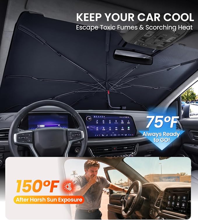 Zanch Windshield Sun Shade Umbrella: Custom Fit for Chevrolet Tahoe (2020-2026) [99% UV Protection, Up to 75℉ Cooler] Reflective Heat Shield, No Gaps & No Scratches, Foldable Front Sunshade Umbrella - Image 2