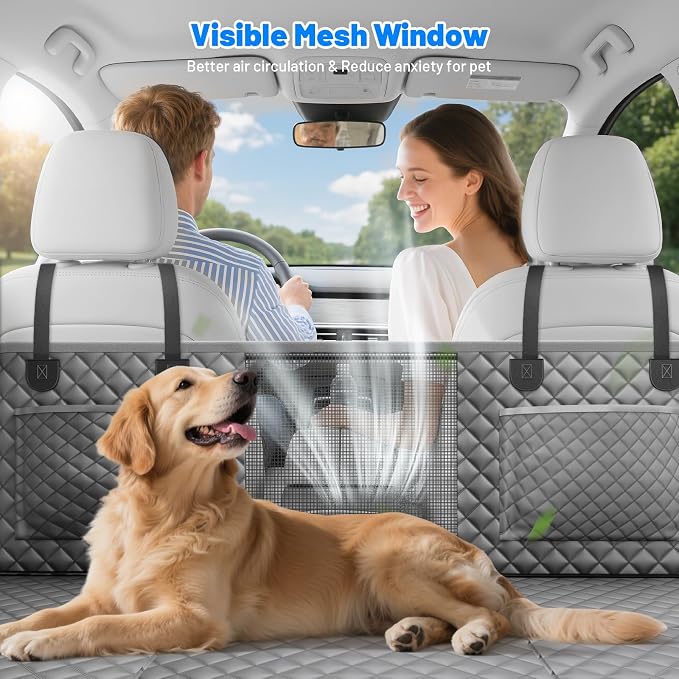 Dog Car Seat Cover for Back Seat,Hard Bottom Hammock Hold 400lbs For Cars | Hold 400lbs,Waterproof,Anti-Scratching,Safety Non-Slip,600D Oxford,Mesh Window,Storage Pocket - Image 4