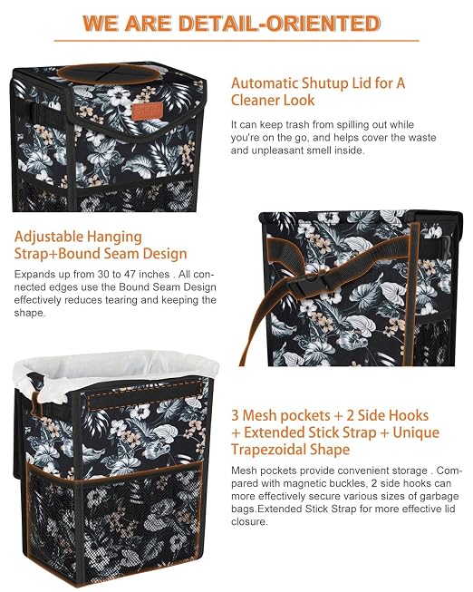 Pritent Car Trash Can with Lid Leakproof Car Garbage Bag Vehicle Trash Bin | Hanging Automotive Garbage Can,Multipurpose Car Accessories for Women Men Interior Car Storage Organizer(2 Gal,Lily Print) - Image 4