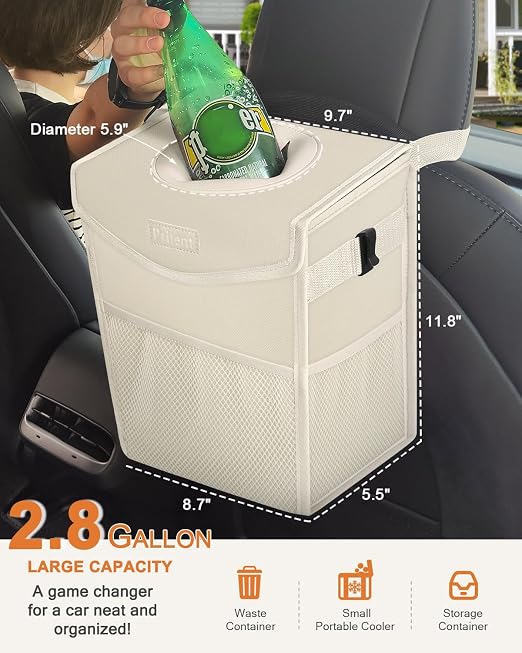 Pritent Car Trash Can with Lid Leakproof Car Garbage Bag Vehicle Trash Bin | Hanging Automotive Garbage Can,Multipurpose Car Accessories for Women Men Interior Car Storage Organizer(2.8 Gal,Beige) - Image 2