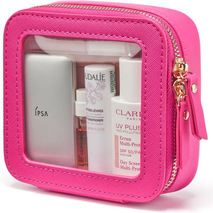 Mini Makeup Bag Clear Small Travel Cosmetic Case Leather Cute Hot Pink Pouch for Purse Organizer Make Up Bag for Women Car Toiletry Bag with Zipper for School by POPVIBE