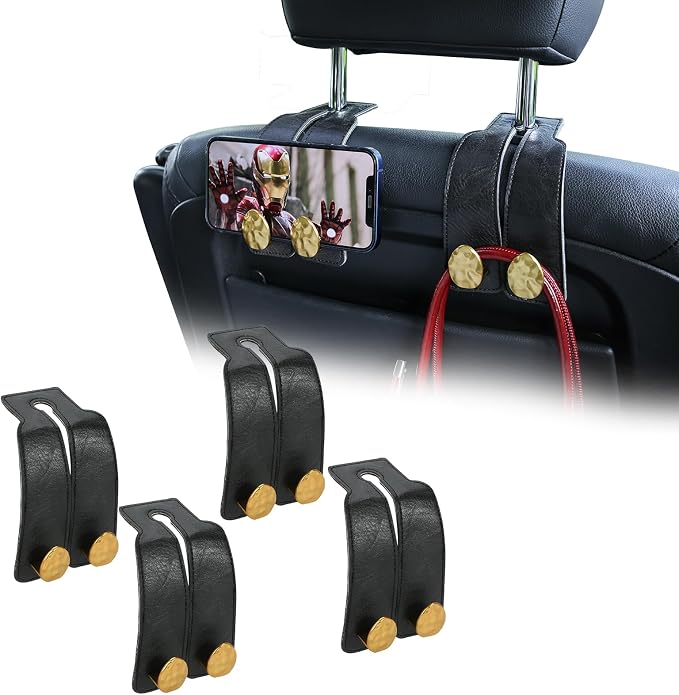 Leather Car Purse Hook for Headrest, 4 Pack (Black-Gold) | Twin Hooks Headrest Hangers, 2/4 Pack, No-Slip, Scratch-Proof, Holds Purses, Backpacks, Grocery Bags, Car Organizer Gift by Fashion