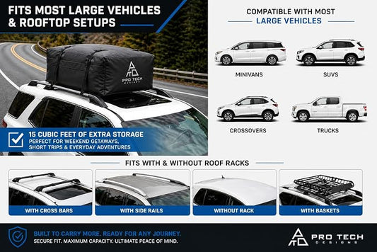 Voyager 15 Waterproof Rooftop Cargo Carrier Bag, 15 Cubic Feet Vehicle Roof Storage with Straps & Door Hooks, Weatherproof Car Top Carrier for SUVs, Vans, RVs & Trucks, 42" x 34" x 18" - Image 2