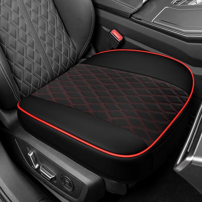 Leather Front Car Seat Covers, Car Bottom Seat Cover, Anti Slip Leather Auto Front Seat Cushion Cover with Storage Pocket, Waterproof Bottom Auto Seats Cushion Pad Mat for Vehicles (Black Red) by Unknown