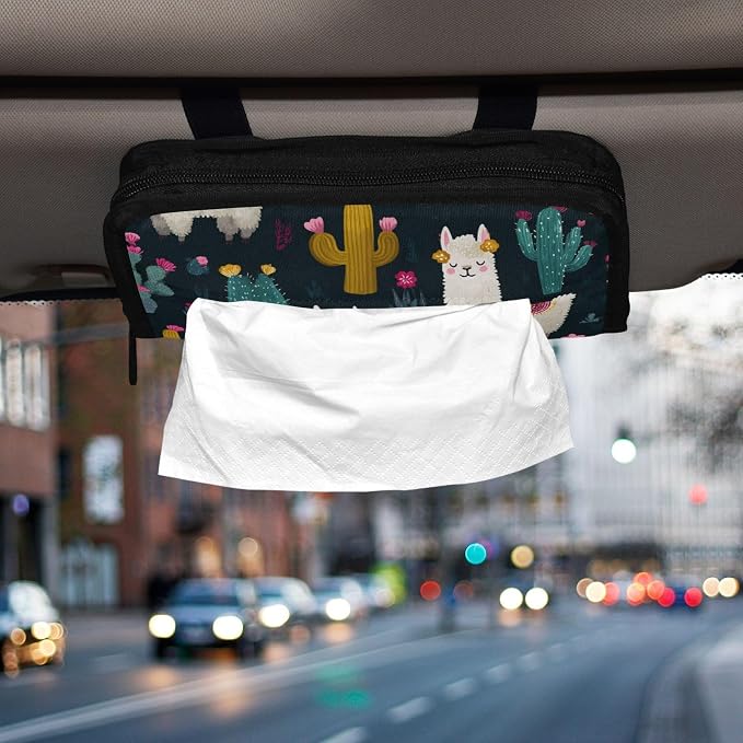 Car Tissue Holder Car Napkin Holder Car Tissue Box Dispenser Storage Case Sun Visor Mask Holder with Adjustable Straps Reusable Refillable White Llama Green Cactus - Image 6