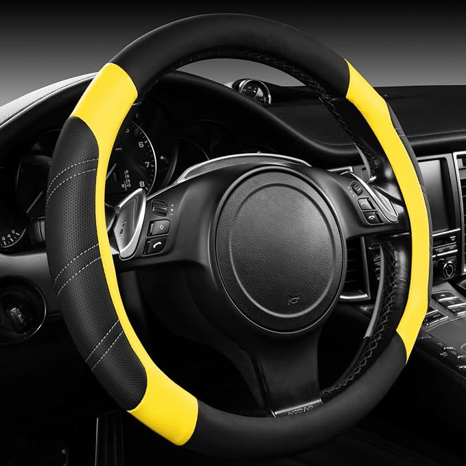 CAR PASS Leather Steering Wheel Cover and Waterproof Car Floor Mats,Microfiber Universal Car Combo Fit for 95% Sedan SUV Van Truck,14.5-15 inch Sporty Anti-Slip Safety Comfortable Design, Black＆Yellow - Image 5