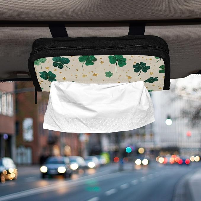 Car Tissue Holder Car Napkin Holder Car Tissue Box Dispenser Storage Case Sun Visor Mask Holder with Adjustable Straps Reusable Refillable Green Clovers and Stars - Image 6