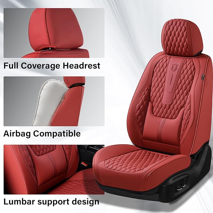 Coverado Car Seat Covers Full Set, Red Seat Covers for Car with Lumbar Support, Nappa Leather Seat Covers Waterproof Car Seat Protectors Universal Fit for Most Cars SUV Trucks - Image 3