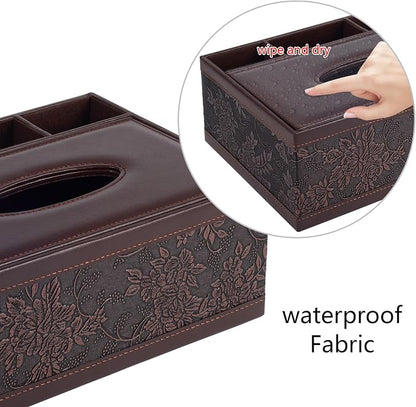 Tissue Box Cover Rectangle Retro Tissue Box Holder PU Leather Facial Tissues Organizer,Multifunctional Remote Control Stationery Storage Box,Home Office Supplies Car Napkin Caddy - Image 6