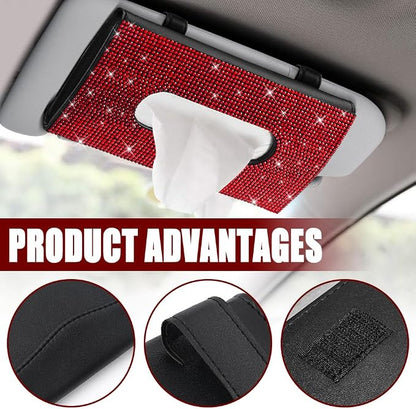 Bling Car Sun Visor Tissue Box Holder, Car Visor Tissue Holder, PU Leather with Bling Crystal Rhinestones Tissue Holder, Backseat Paper Towel Cover Case Auto Accessories for Women (Red) - Image 3
