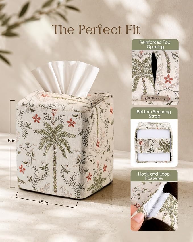Chenille Tissue Box Cover - Vintage Farmhouse Decor, Coastal Palm | Tissue Box Cover Square, Cube Tissue Holder, 4.5x4.5x5.5 in, Home, Living Room, Bathroom, Bedroom, Office, Vanity, Car Decor - Image 3