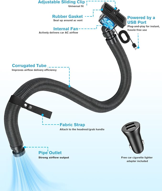 Car Ac Vent Extender for Back Seat, Portable Car Air Conditioner | Ac Hose with Built-In USB Fan | Delivers Cool & Warm Air to Rear Passengers | Flexible Ac Tube | Universal Fit for Most Cars - Image 7