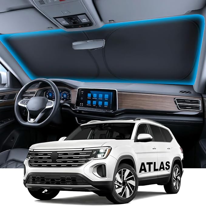 Wigoo for Volkswagen Atlas Windshield Sunshade, Custom Fit, Heat Blockage | Custom Fit, Cooling Tech Fabric, Foldable Heat-Blocking Sunshade with Storage Bag, for Volkswagen Atlas 2018-2026 Accessories by wigoo