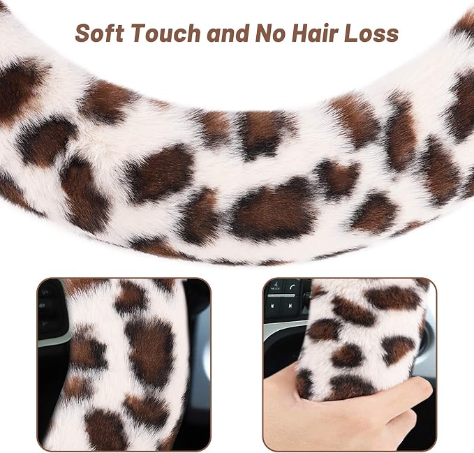 Fuzzy Steering Wheel Cover for Women Girls, Accmor Universal Fit 15 inch Fur Car Wheel Cover & Handbrake Cover & Gear Shift Cover Set, Fashion Leopard Winter Warm Fluffy Vehicle Wheel Protector - Image 4