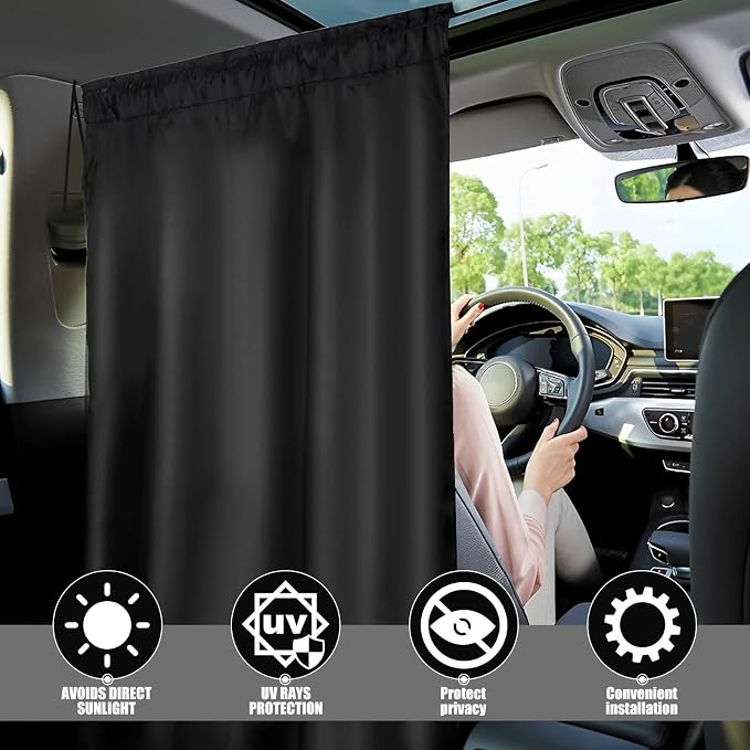 Car Privacy Curtains for Windows - 3Pcs Blackout Car Divider Curtain and Side Window Shades, Light Blocking Rear Seat Cover for Camping Sleeping Nap, Universal Fit Sedan SUV Truck - Image 6