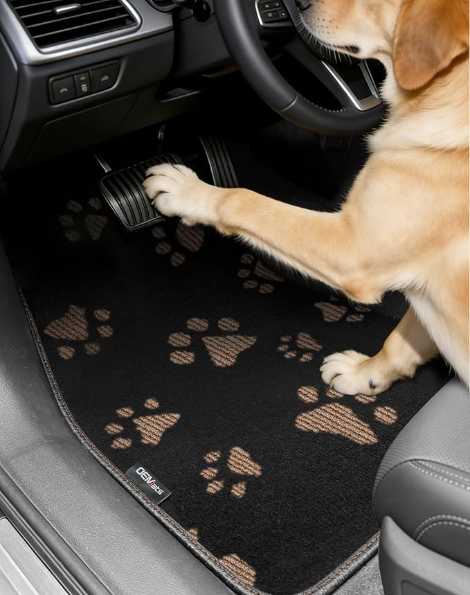 Cute Embroidered Dog Paw Car Floor Mats for Pet Lovers, Universal Fit All Weather Car Mats with Anti-Slip Nibbs Backing, Carpet Floor Mats for Cars, Trucks & Sedans, Full Set of 4 (Brown Paw) by OEMATS
