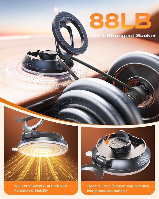 Magnetic Suction Cup Phone Holder for Magsafe, [88+LBS Ultra Grip & 2800gf Magnetic Power] 360° Adjustable Car Phone Mount, Cell Phone Holders for Your Car for iPhone 17 16 15 14 13 12 Series - Image 2