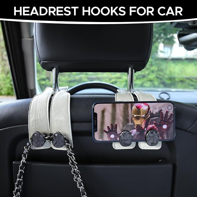 Leather Car Purse Hook for Headrest, 2 Pack (White-Black) | Twin Hooks Headrest Hangers, 2/4 Pack, No-Slip, Scratch-Proof, Holds Purses, Backpacks, Grocery Bags, Car Organizer Gift - Image 3