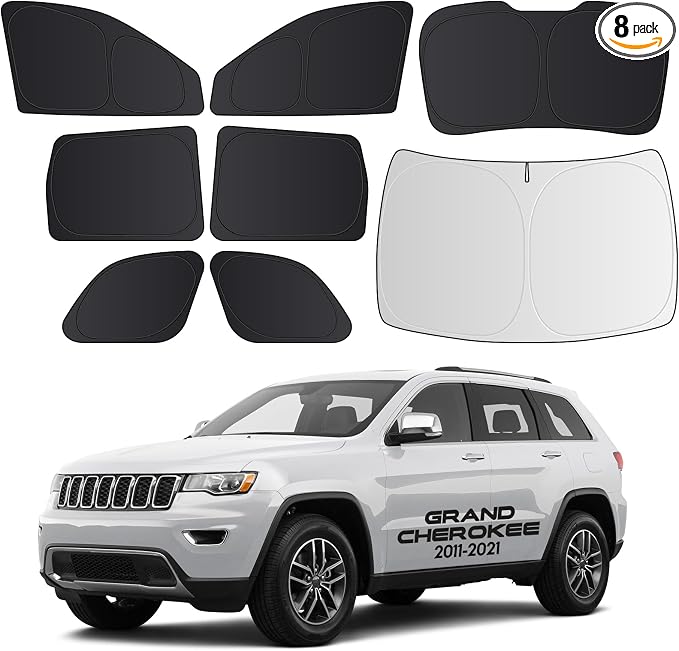 Wigoo 2026 8PC Full Set Window Sunshade for Jeep Grand Cherokee 2011-2021 | 7-Layer Cooler & Blacker, Ice-Crystal Tech, Full Set Shades With Windshield for Sun Block, Camping Accessories by wigoo